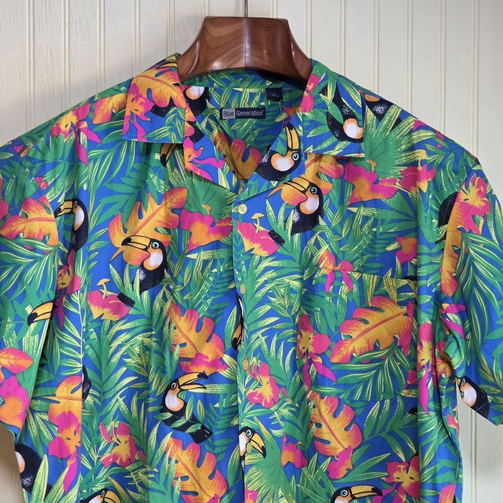 Blue Generation Shirt Mens XL Multicolor Toucan Hawaiian Short‎ Sleeve Button Up